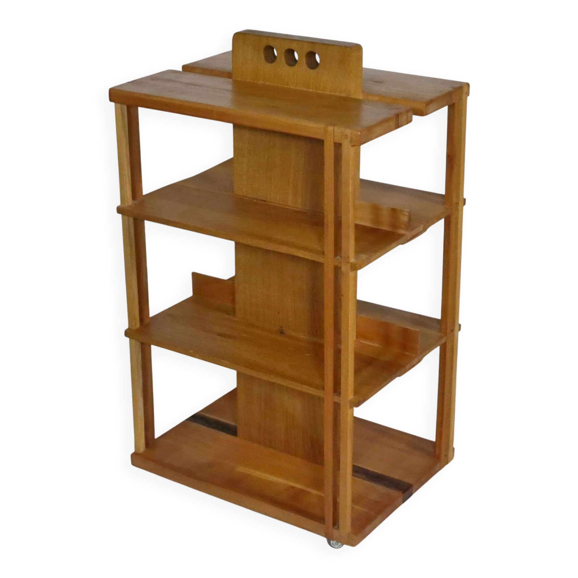 Solid cherry wood rolling shelf, unique piece, 1970s