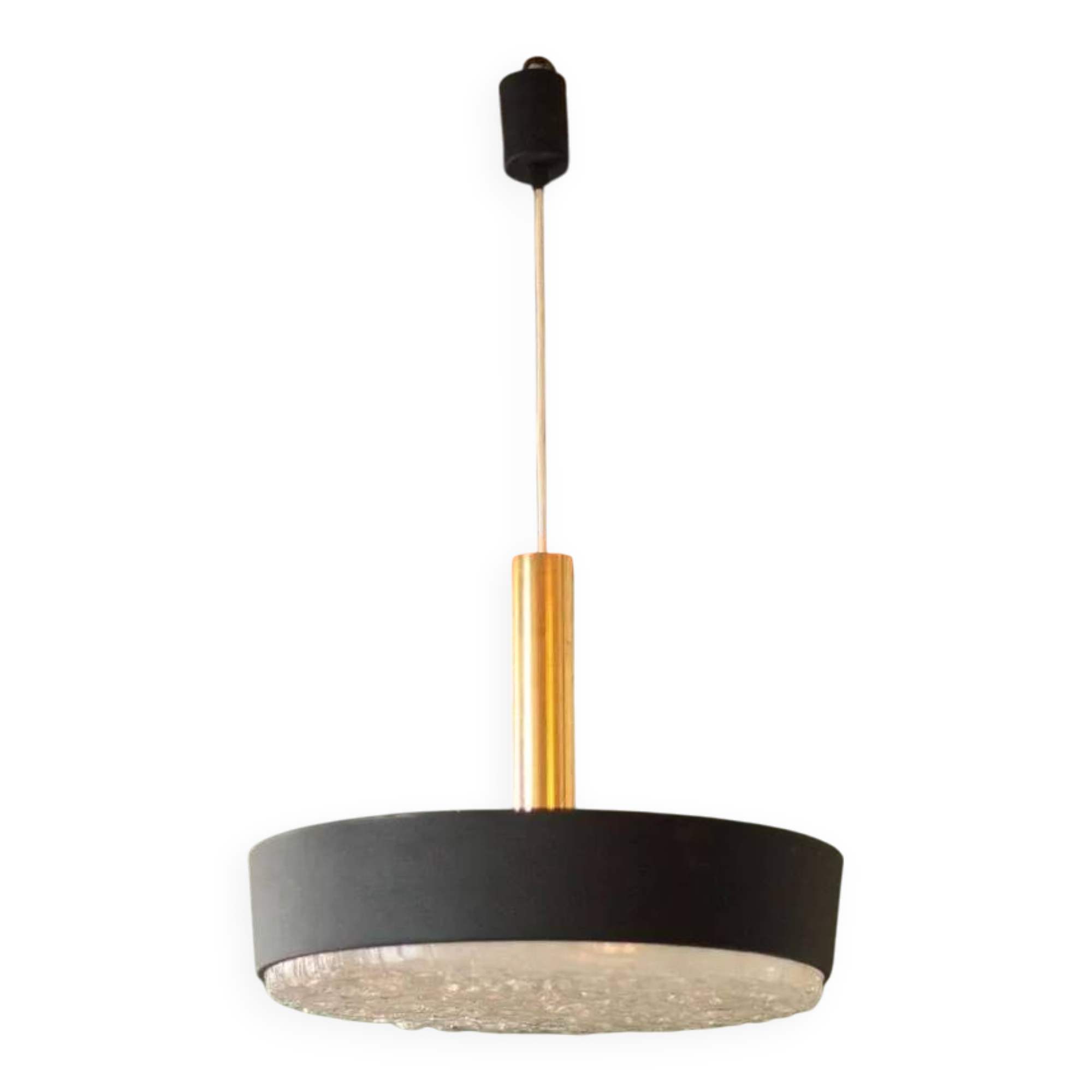 Jean Gandelin suspension in black lacquered sheet metal, white metal, brass, and diffuser in Cristalux/etched Plexiglas.