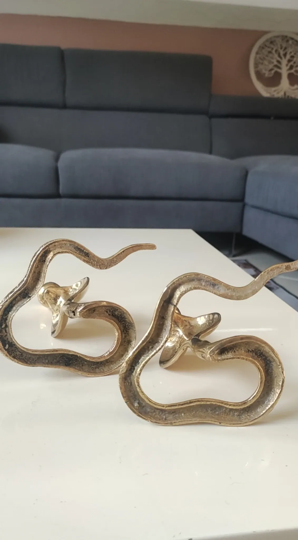 Pair of Antique Zoomorphic Cobra Candle Holders. In brass. India.