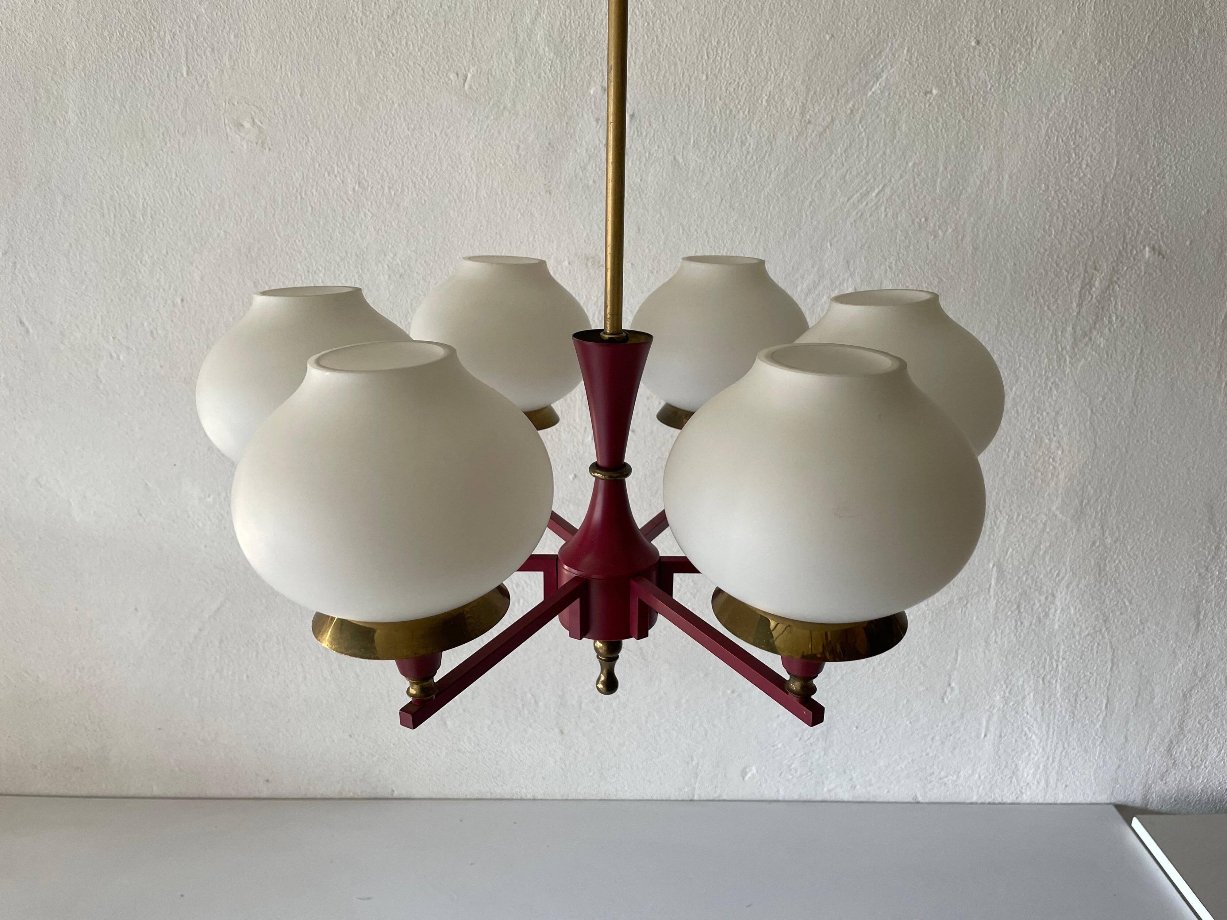 6 pendant lamps in glass and burgundy brass by Hans-Agne Jakobsson, 1960s, Sweden