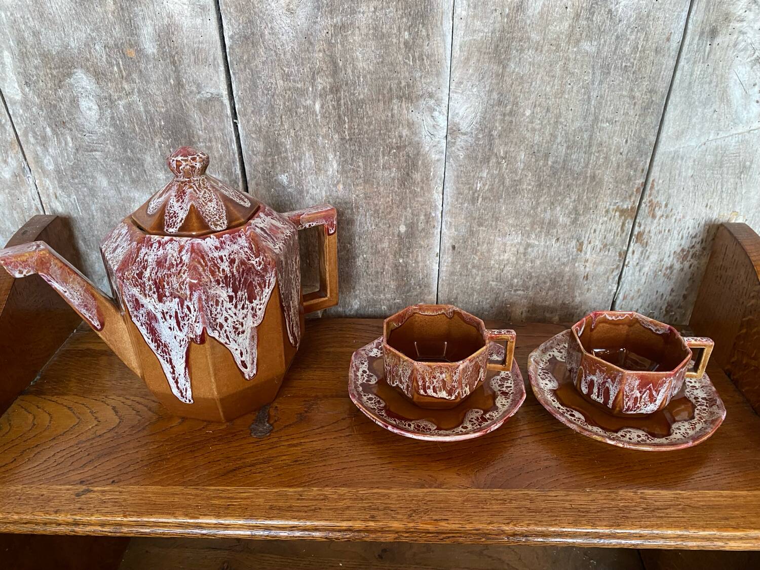 Antique gf art deco teapot flamed ceramic brown vintage