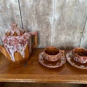 Ancienne théière gf art déco céramique flammée marron vintage