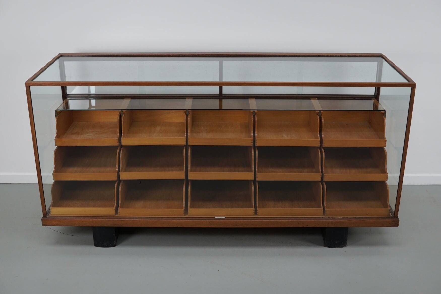 Antique British maple & hardwood haberdashery cabinet or shop counter, 1930s