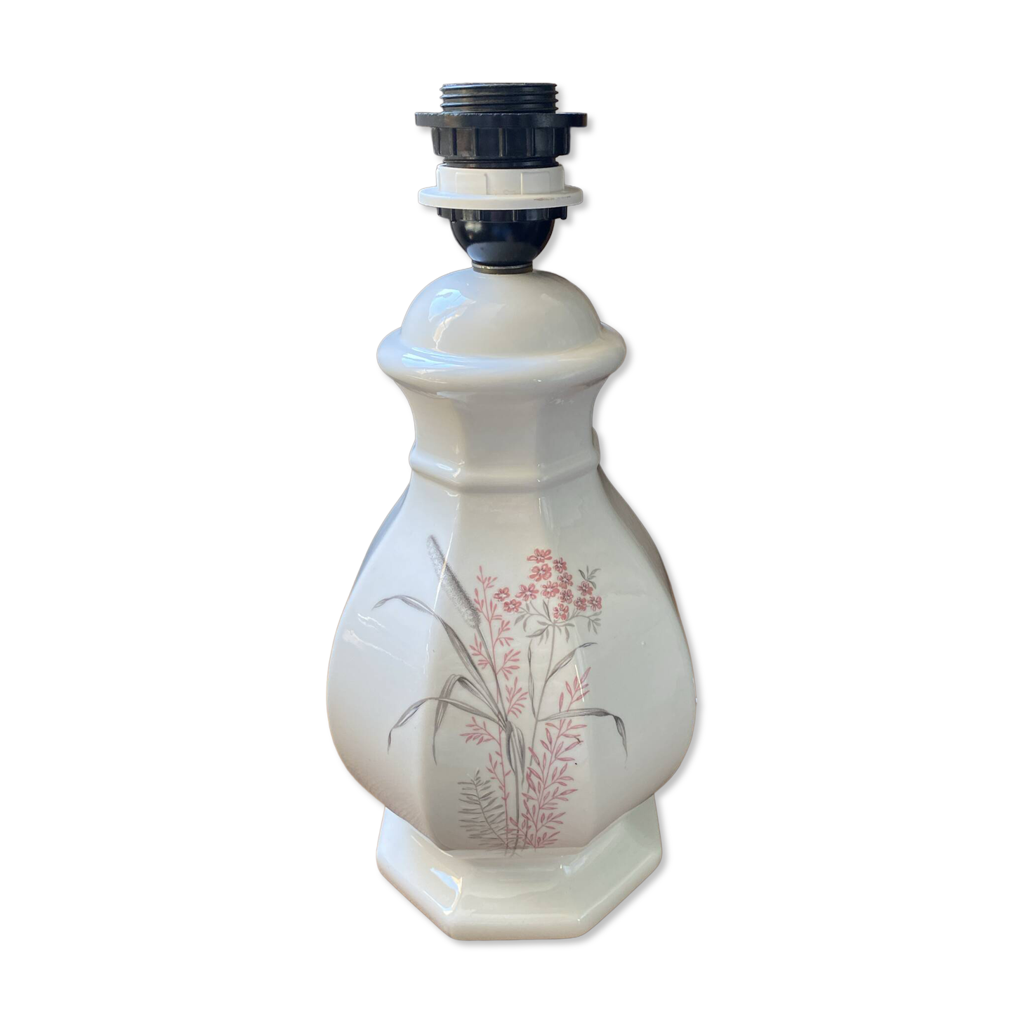 Pied de lampe en faïence blanche et décor floral coloré