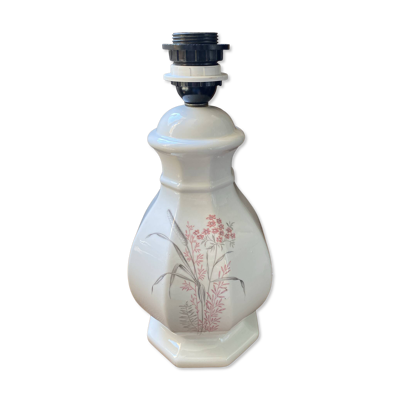 Pied de lampe en faïence blanche et décor floral coloré