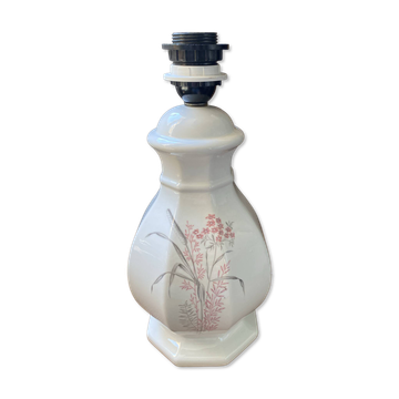 Pied de lampe en faïence blanche et décor floral coloré