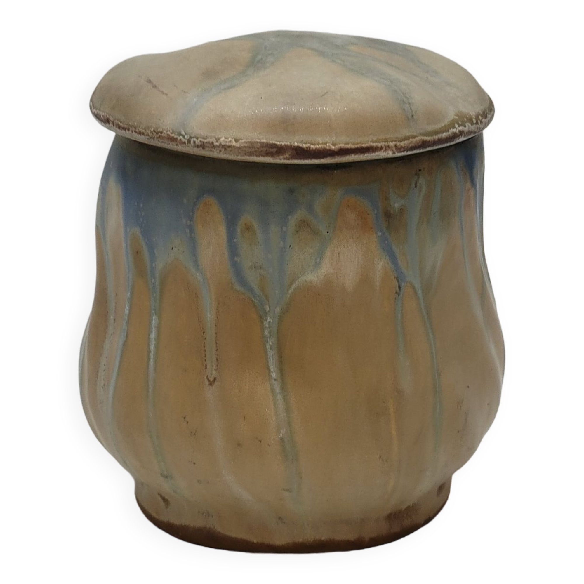 Gilbert Metenier Covered pot in beige and blue art nouveau flamed stoneware