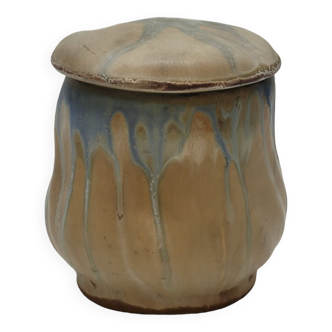 Gilbert Metenier Covered pot in beige and blue art nouveau flamed stoneware