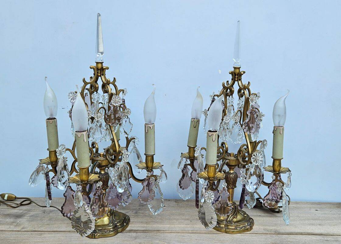 Pair of Gilt Bronze Candelabras with Colored Crystal Tassels