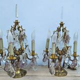 Pair of Gilt Bronze Candelabras with Colored Crystal Tassels