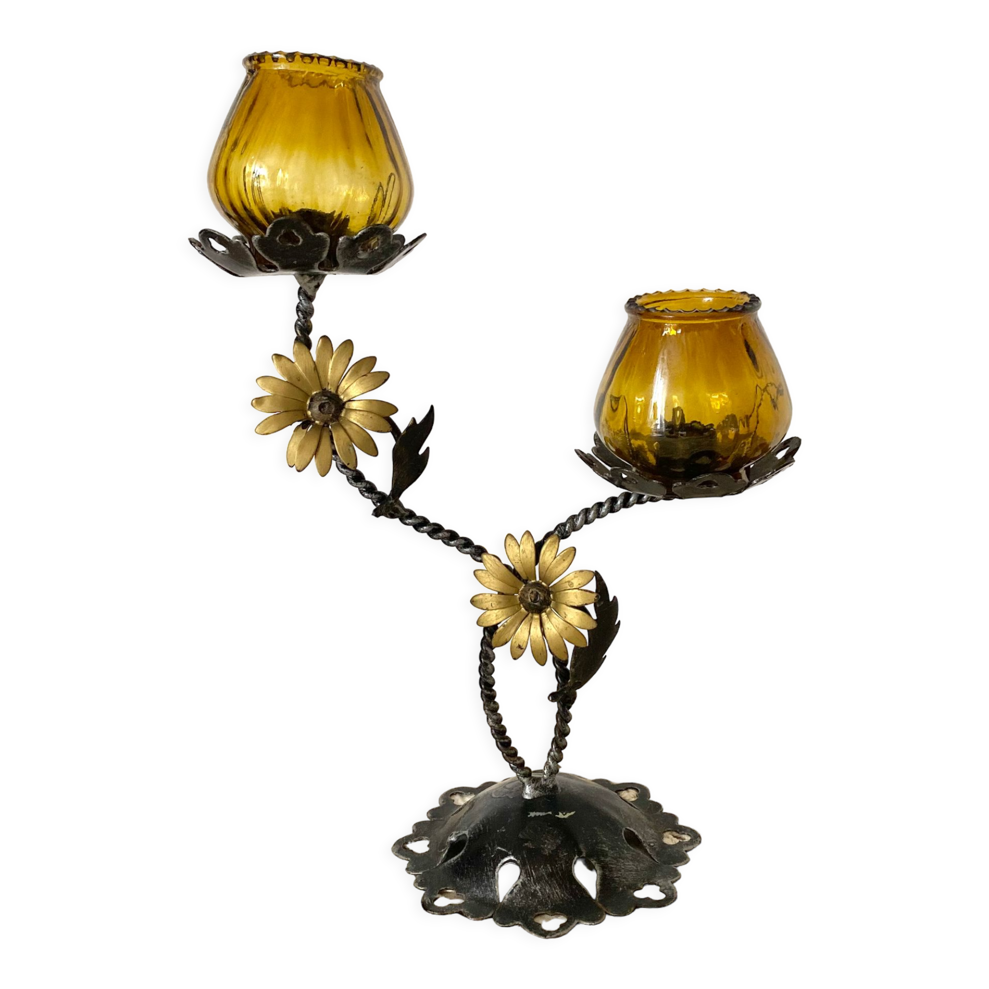 Double candle holder in metal and amber glass