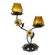 Double candle holder in metal and amber glass