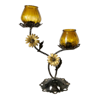 Double candle holder in metal and amber glass