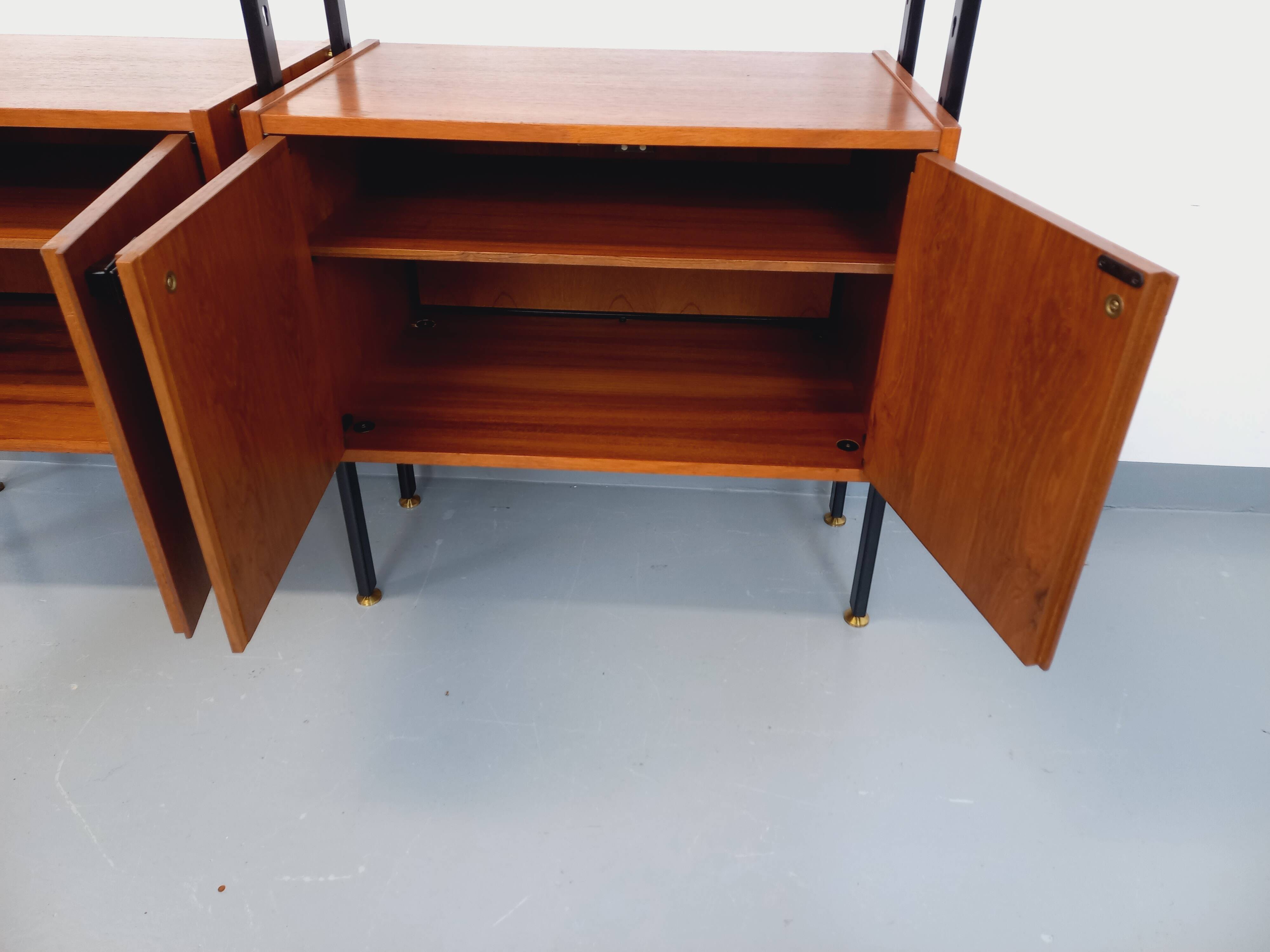 Vintage Italian double modular shelf bookcase in teak and metal