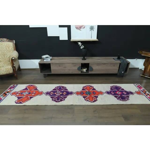 1970s Vintage Turkish Oushak Handmade Wool Cotton White Runner Rug 75x336