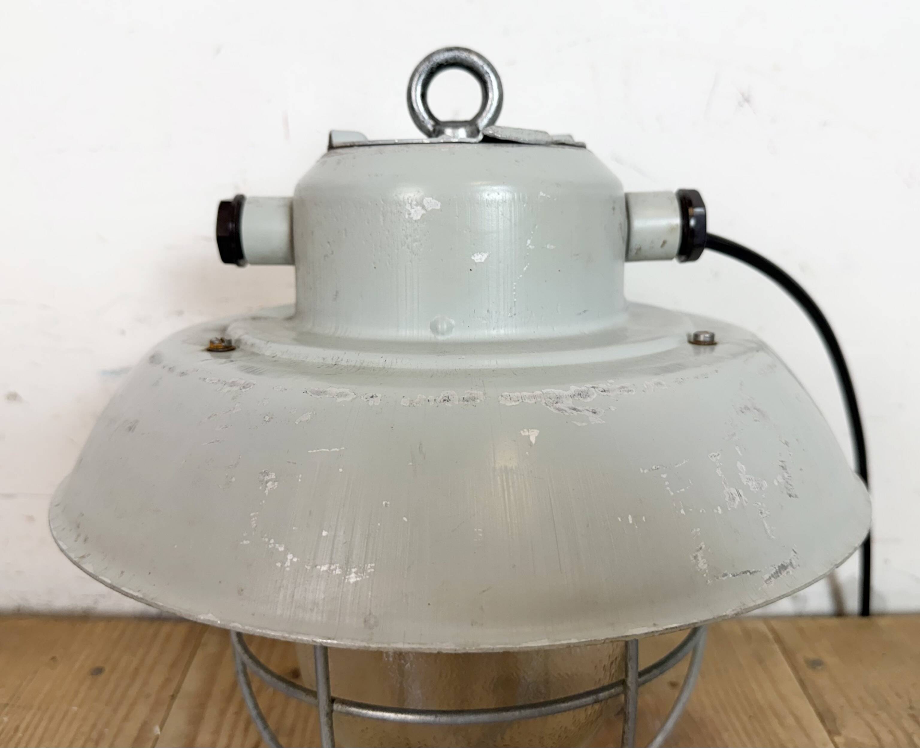 Grey Industrial Aluminium Cage Pendant Lamp with Frosted Glass, 1970s