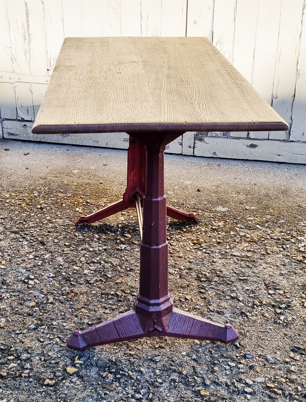 Bistro table, raw natural wood and cast iron foot, vintage