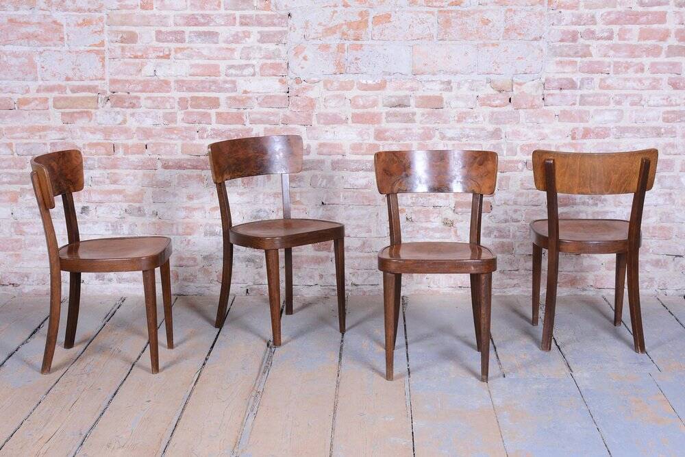 Art Deco Czech Chairs in Beech and Walnut from Thonet, 1940s, Set of 4