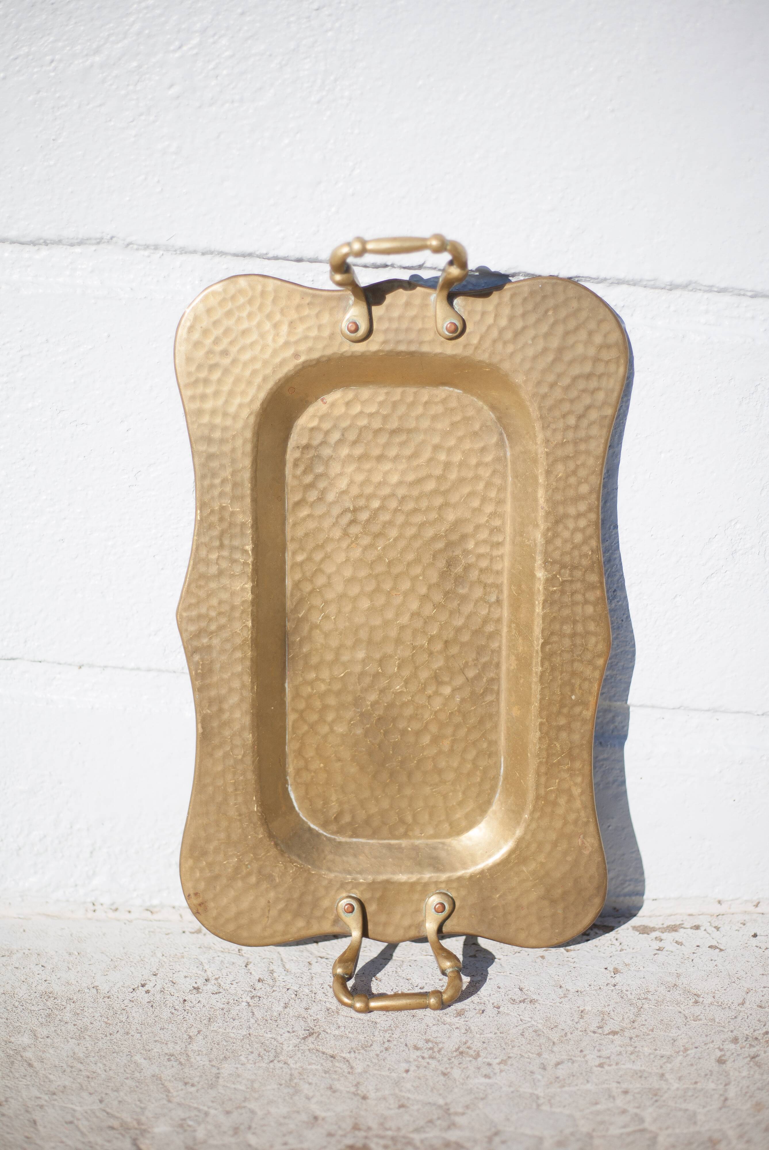 Vintage brass top, E.Roblin Villedieu Manche, handle tray, tableware, hammered top