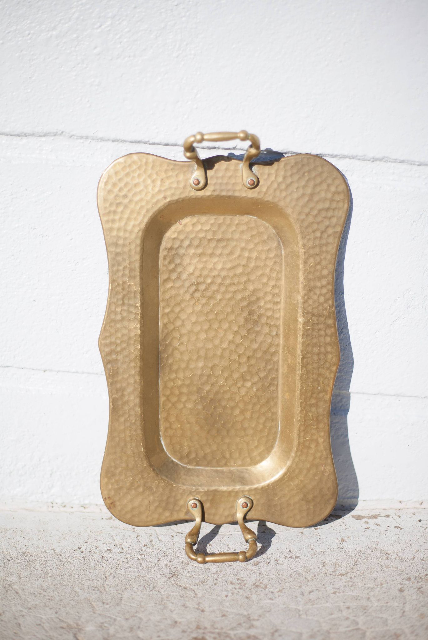 Vintage brass top, E.Roblin Villedieu Manche, handle tray, tableware, hammered top
