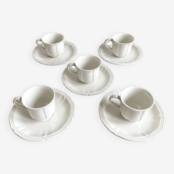Set of 5 Villeroy & Boch Espresso Coffee Cups with Saucers, Manoir Series, Vintage White Vitro Porce