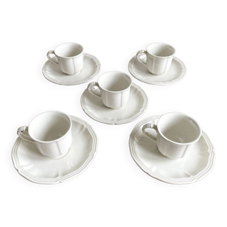 Set of 5 Villeroy & Boch Espresso Coffee Cups with Saucers, Manoir Series, Vintage White Vitro Porce