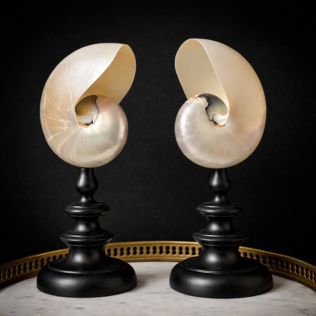 Nautilus / Pearly Nautilus, Black Turned Wood Base H: 24 cm