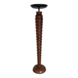 Vintage turned wooden candle holder, black metal candle base