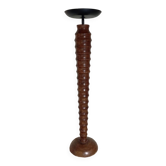 Vintage turned wooden candle holder, black metal candle base