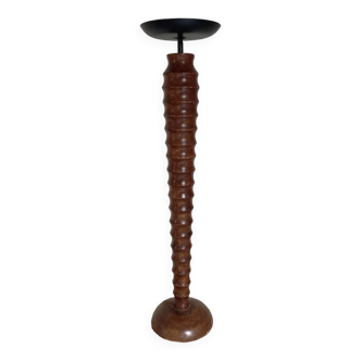 Bougeoir en bois tourné vintage, socle bougie métal noir