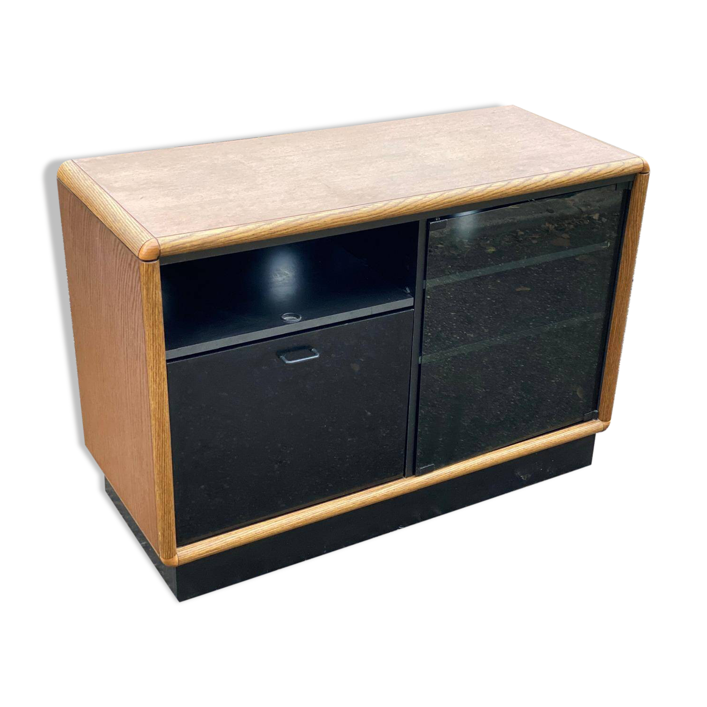 Vintage wood and black glass TV cabinet buffet
