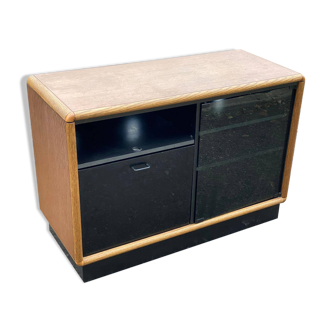 Vintage wood and black glass TV cabinet buffet