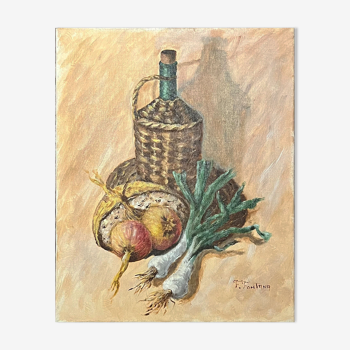 "Oignons et poireaux" nature morte, huile sur toile par F Fontana