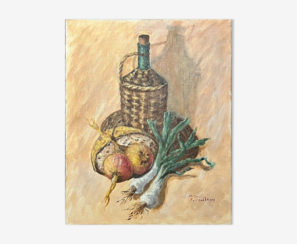 "Oignons et poireaux" nature morte, huile sur toile par F Fontana