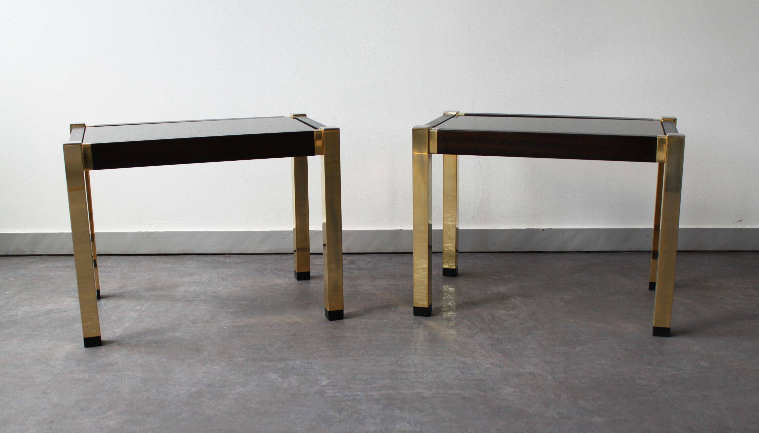 Pair of Hollywood Regency style brass side tables, 70s.