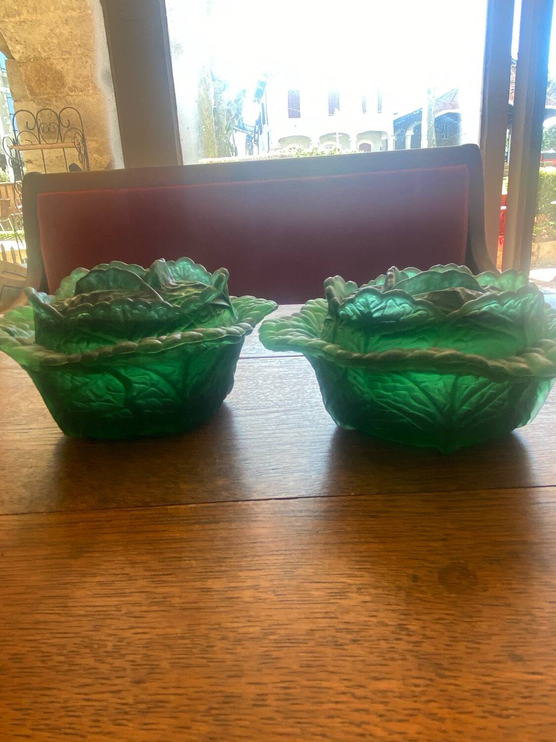 Pair of opaline sweet jars in the shape of a cabbage.