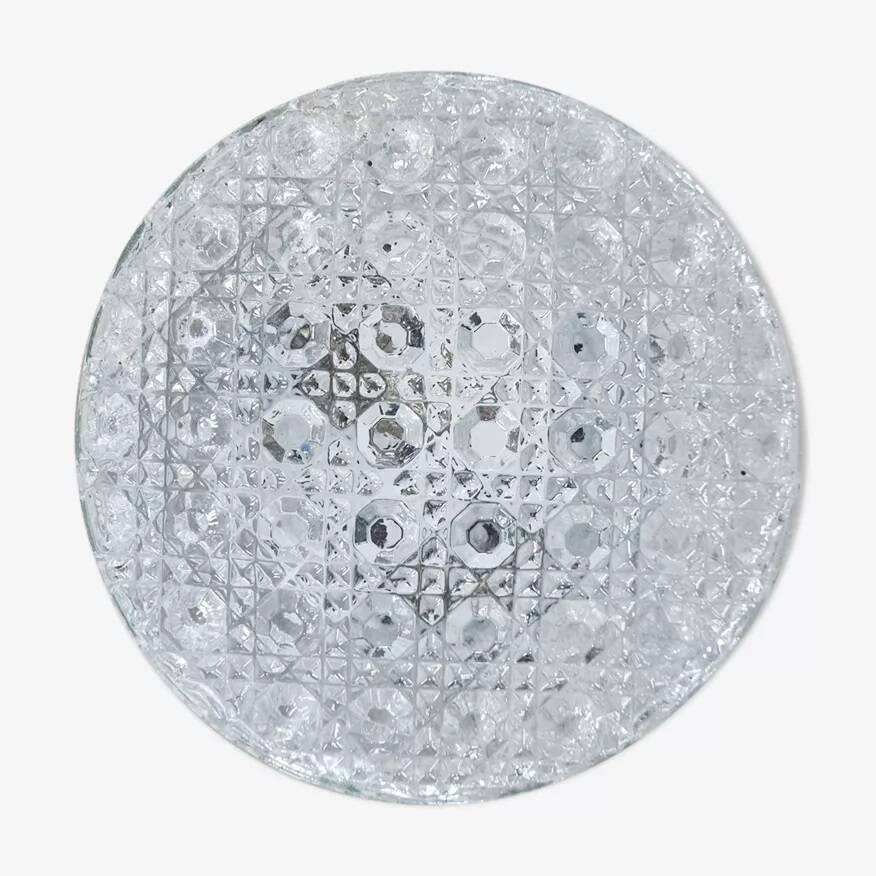 Vintage round chiseled glass ceiling light / wall lamp 1950s 1960s 1970s