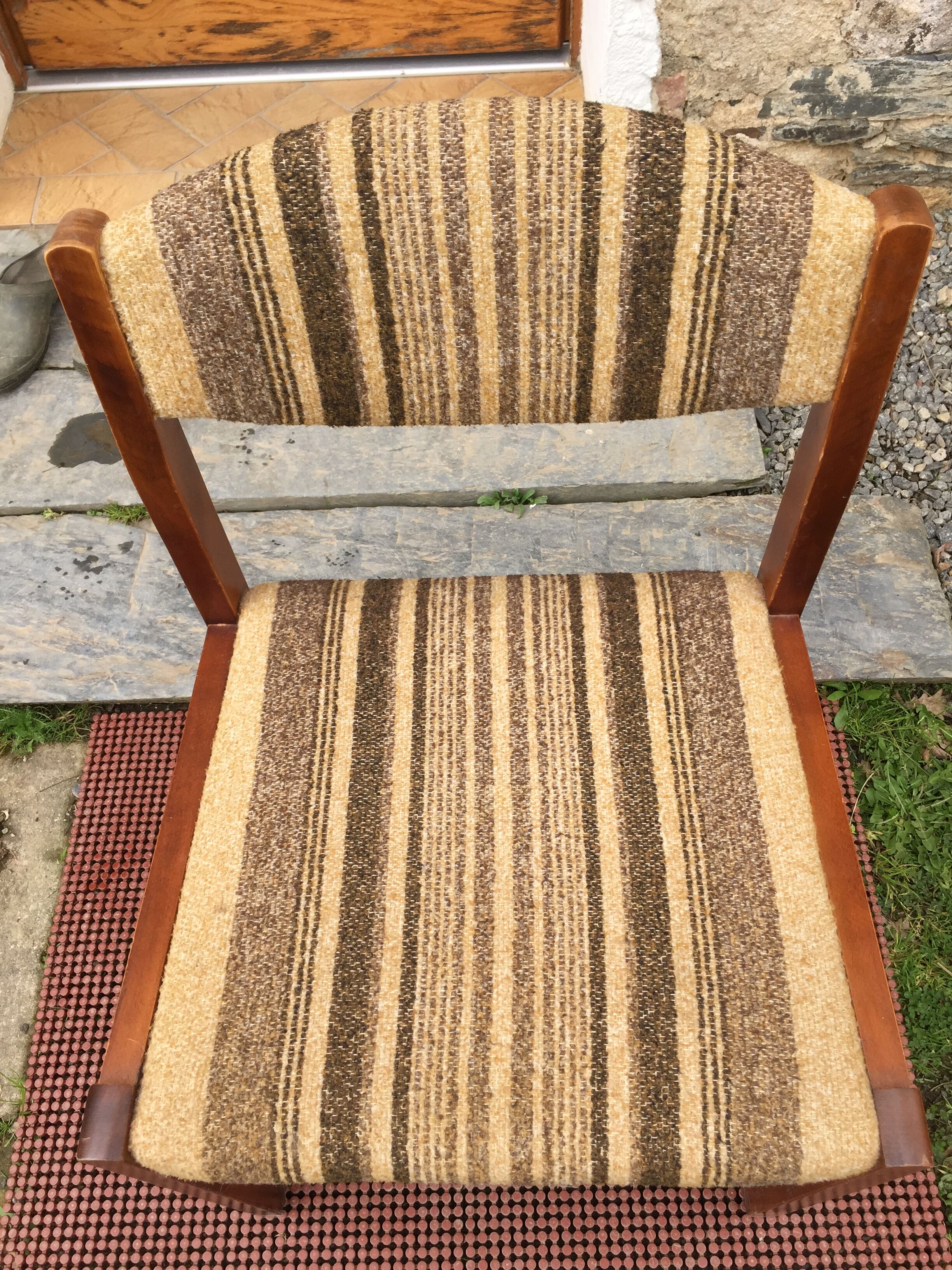 Vintage Scandinavian chairs in fabric and wooden footing.