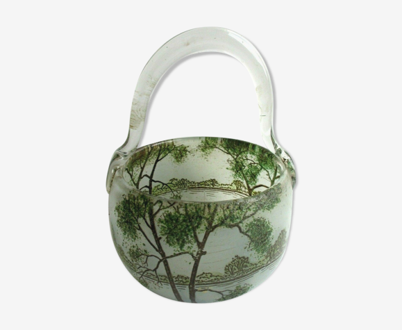Vase panier rond verre émaillé paysage lacustre avec grands arbres LEGRAS