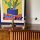 Brutalist brass pair of candle holders, France 1970