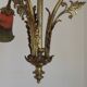 Lustre 3 feux Art Nouveau en bronze avec abat-jour en verre orange et vert, France