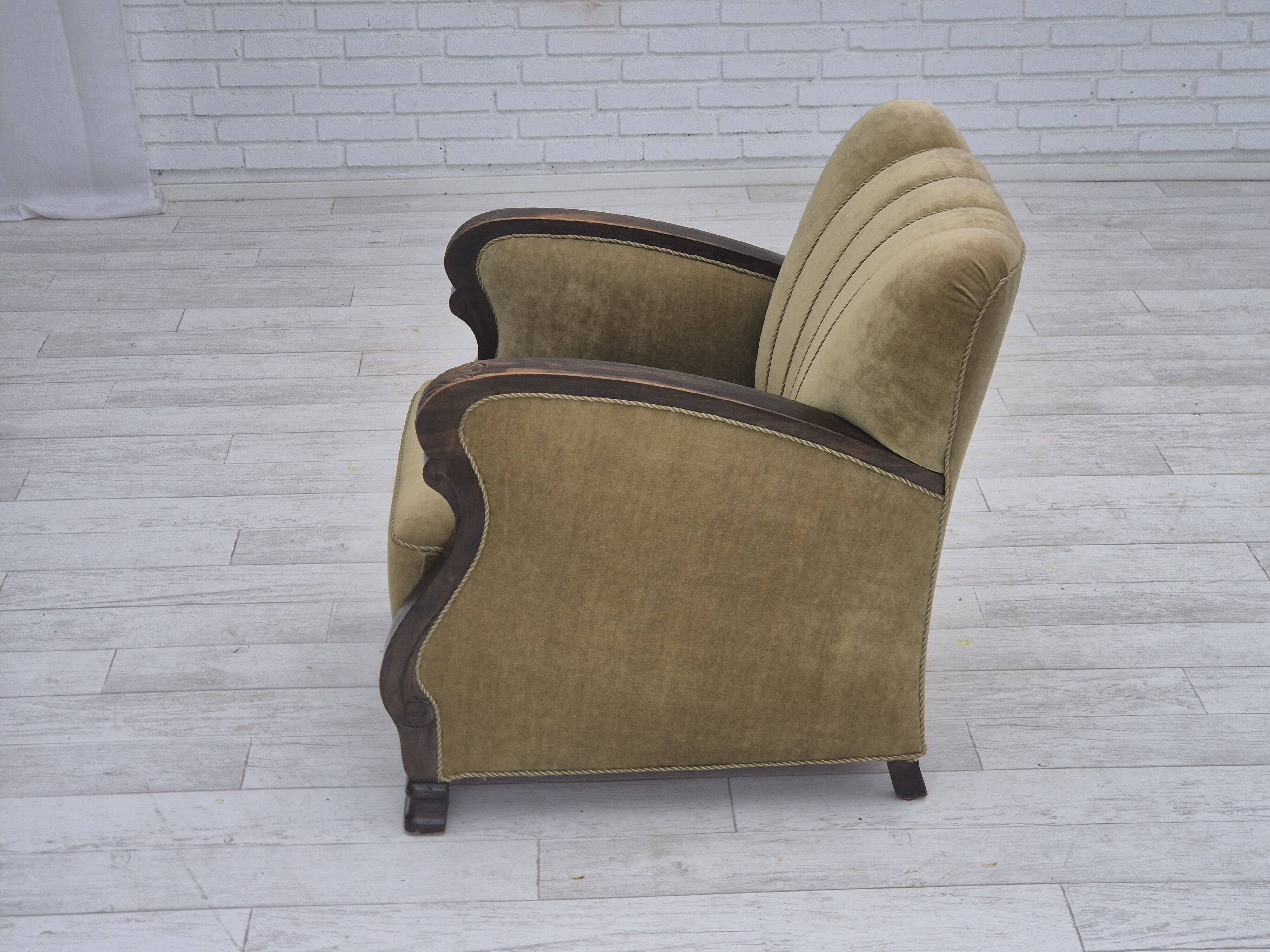 1950s, Danish relax armchair, green furniture velour, beech wood.