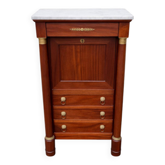 Empire secretary with white marble top in mahogany and brass, 6 drawers.