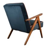 Chaise compas restaurée, tissu jaune canari, fil orange, teck, 1960