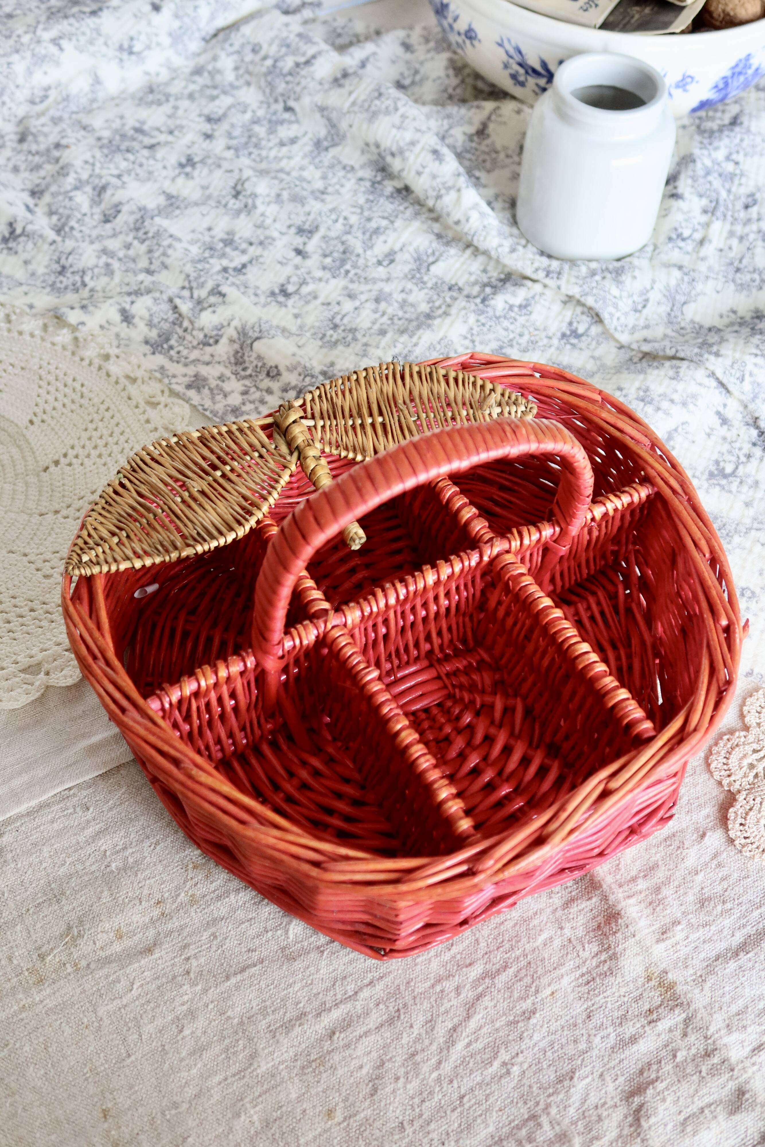 Large Vintage Painted Wicker Basket - Peach Shape