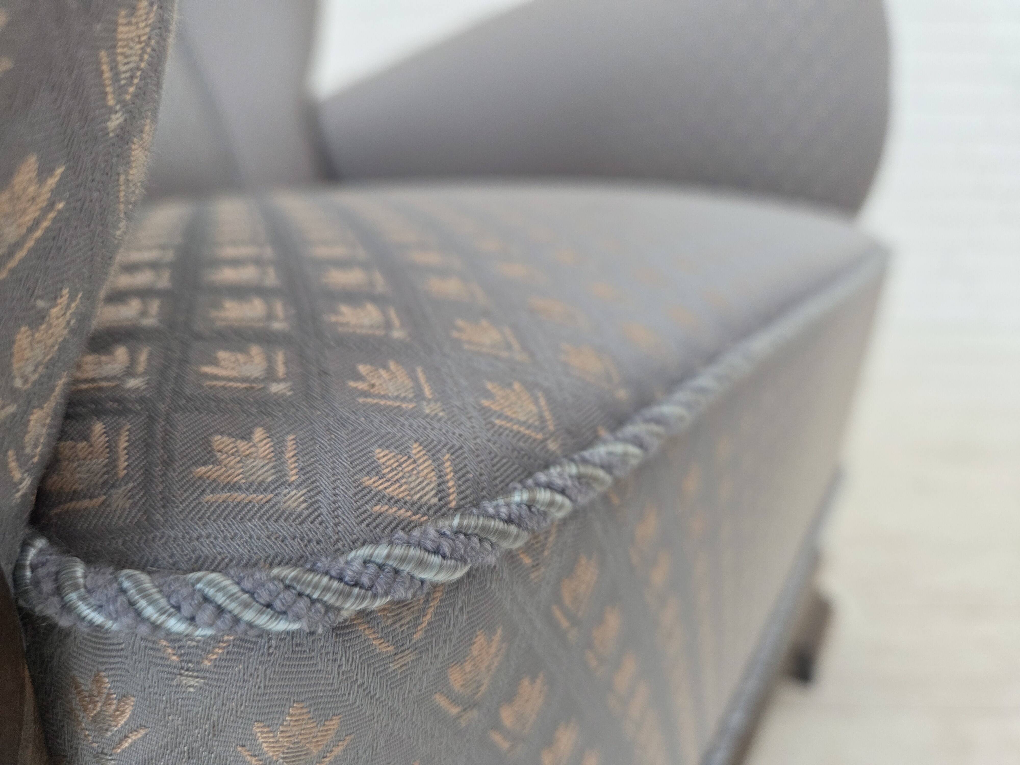 1950s, Danish armchair, furniture fabric, carved oak wood.