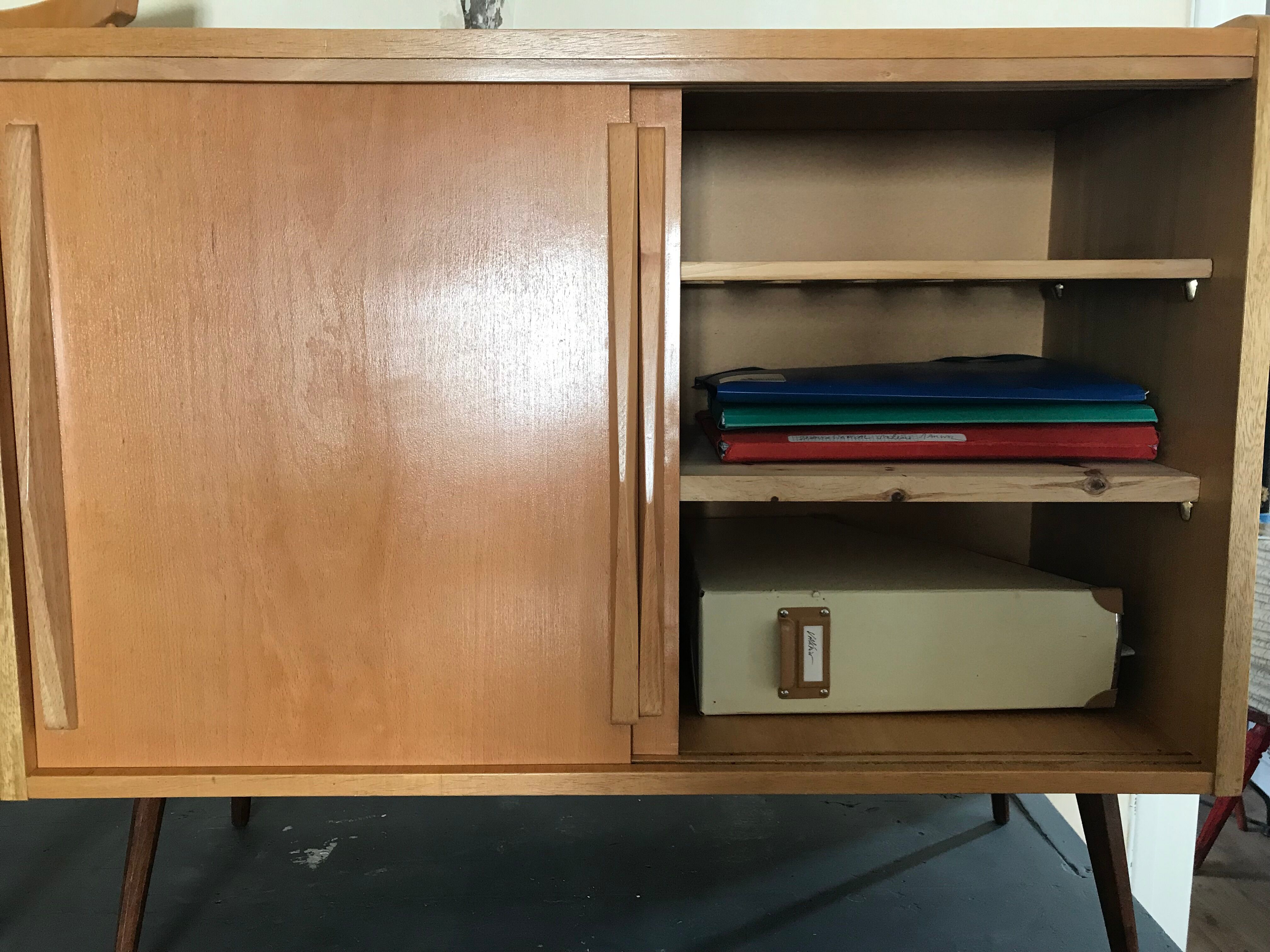 Vintage storage cabinet sliding doors feet compass