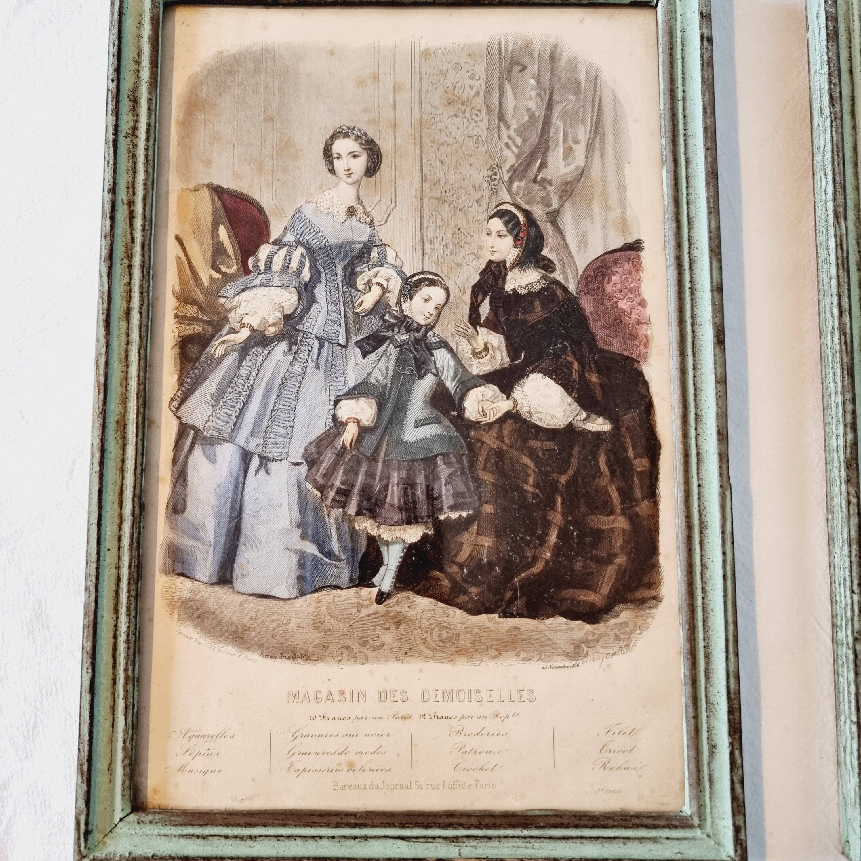Lot de 4 tableaux avec gravures de mode originales de la fin du 19ème siècle