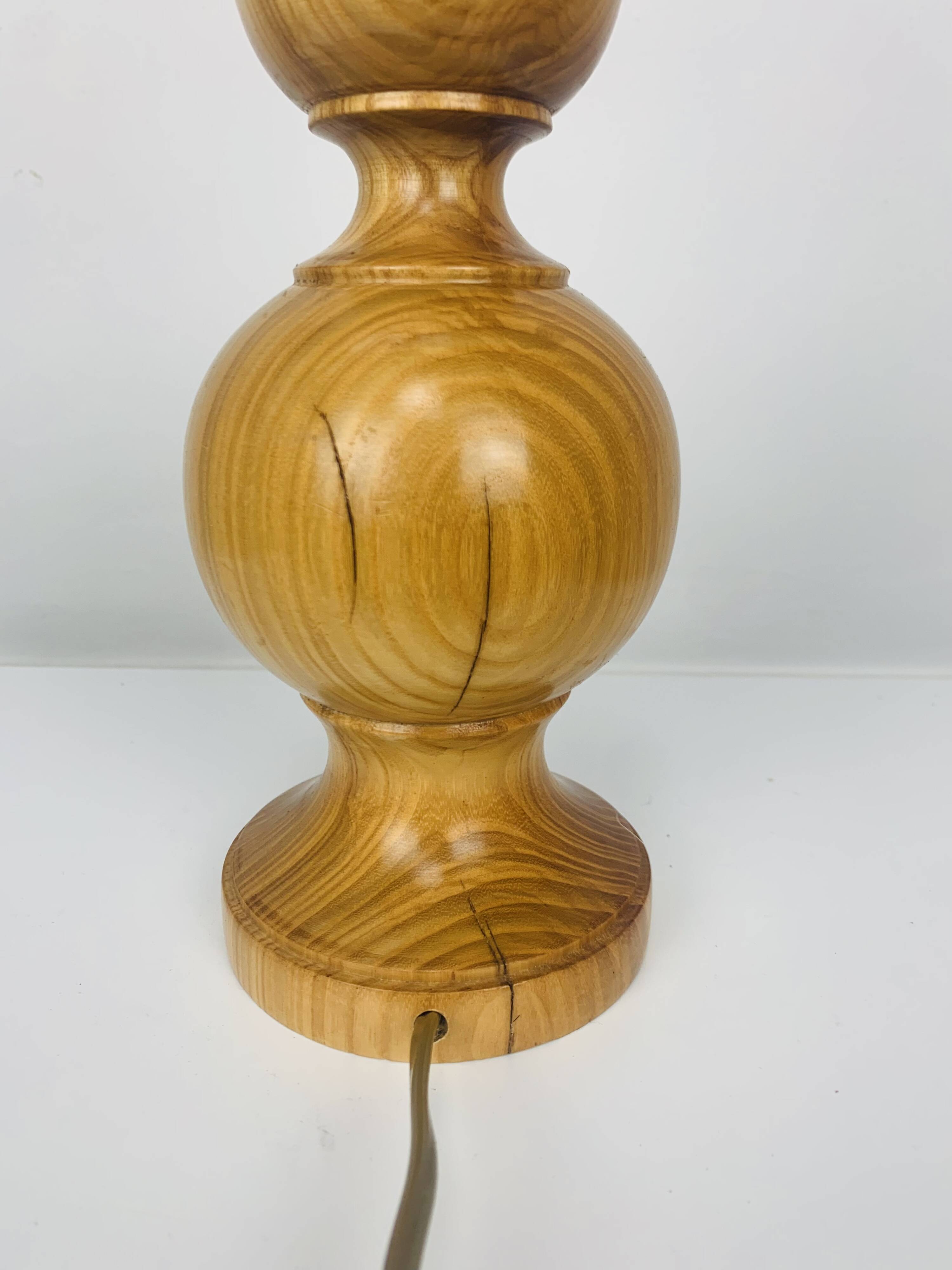 Turned wood lamp and vintage wool lampshade