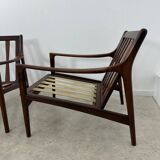 Set of 2 Scandinavian design teak armchairs from the 60s, new blue fabric